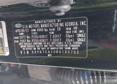 2011 Kia Sorento Lx из США, поврежденный, VIN 5XYKTCA10BG180702